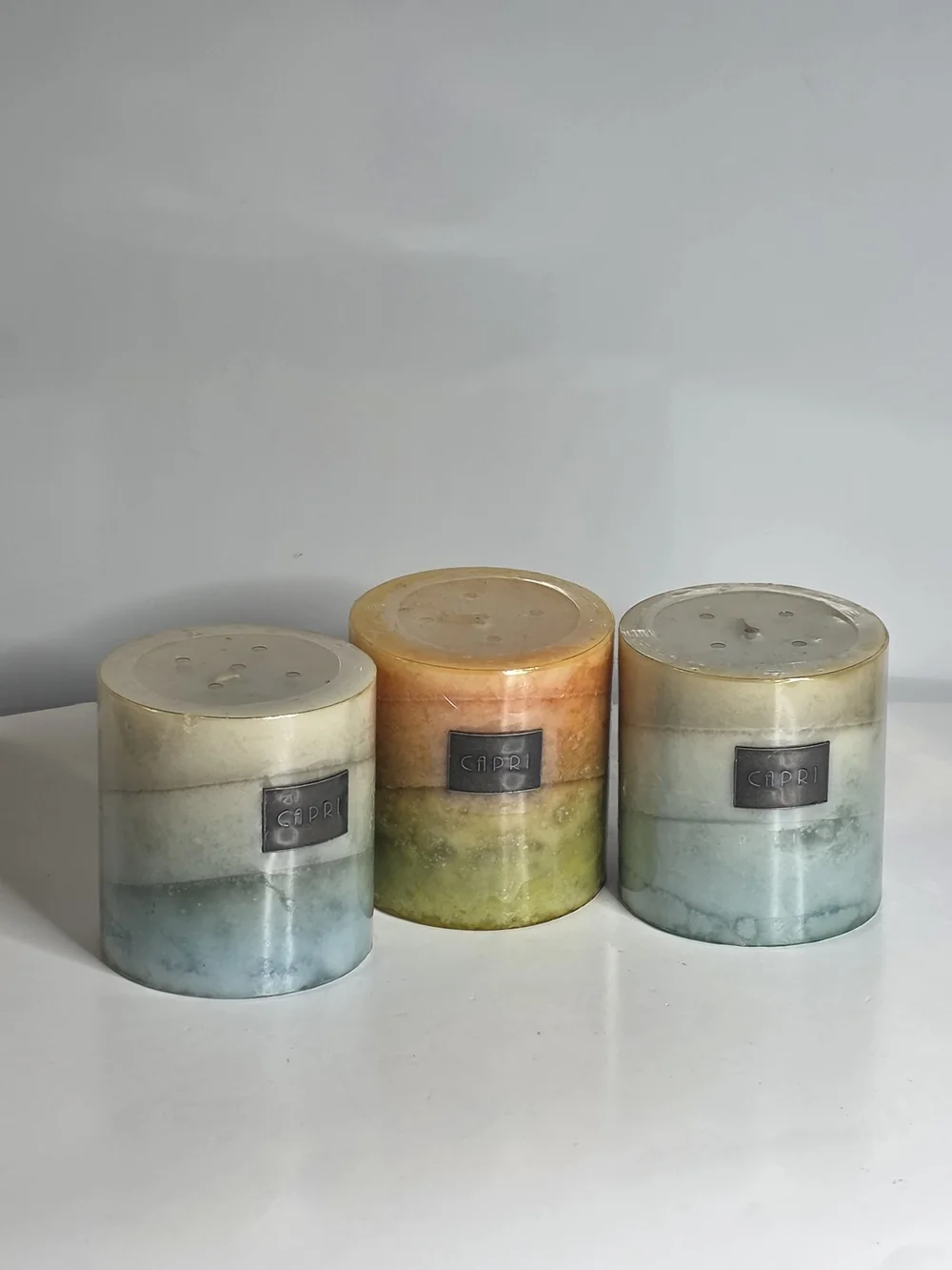 DW Home Capri Ombre Pillar Candle Set in Blue, Orange & Green